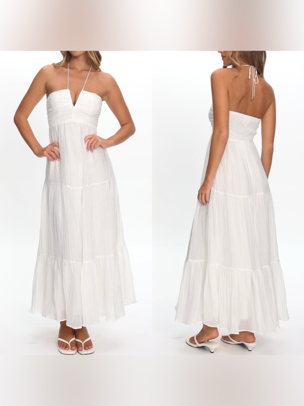 Selfie Leslie Dorelle V-Bust Halter Eyelet Tiered Maxi Dress White Size L NWT